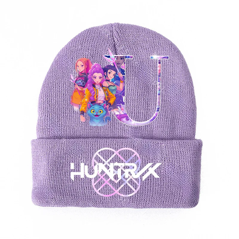 Conjunto de gorros y guantes de punto Kpop Devil Hunter con letras de dibujos animados A-Z, accesorios de invierno impresos, lindos sombreros de lana para niños y niñas.