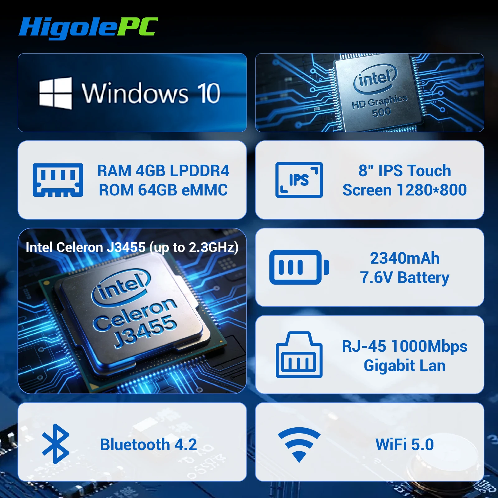 Higole F3APL 8'' Fanless Mini PC with Screen Intel J3455 Windows 10 WiFi5 4GB 64GB 2340mAh 4K Laptop Desktop PC Mini Computers