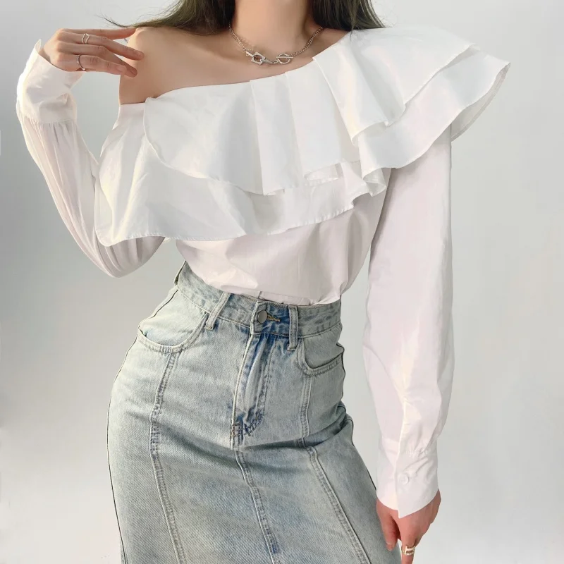 New Long Sleeve Women Blouse Ruffle White  Lantern Sleeve Tops Off Shoulder Sexy Shirt Elegant Cotton Clothing