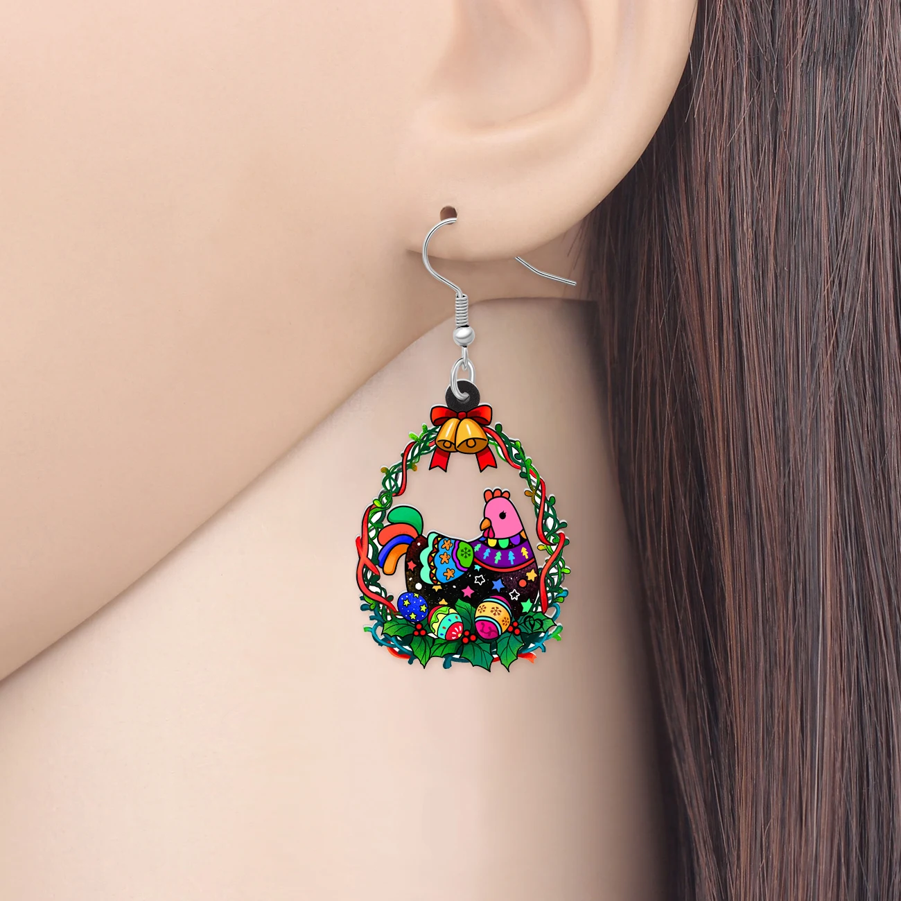 Bonsny Acrylic Christmas Decorations Bells Hens Earrings Dangle Drop Charms Fashion Jewelry Accessories For Girls Women Gifts