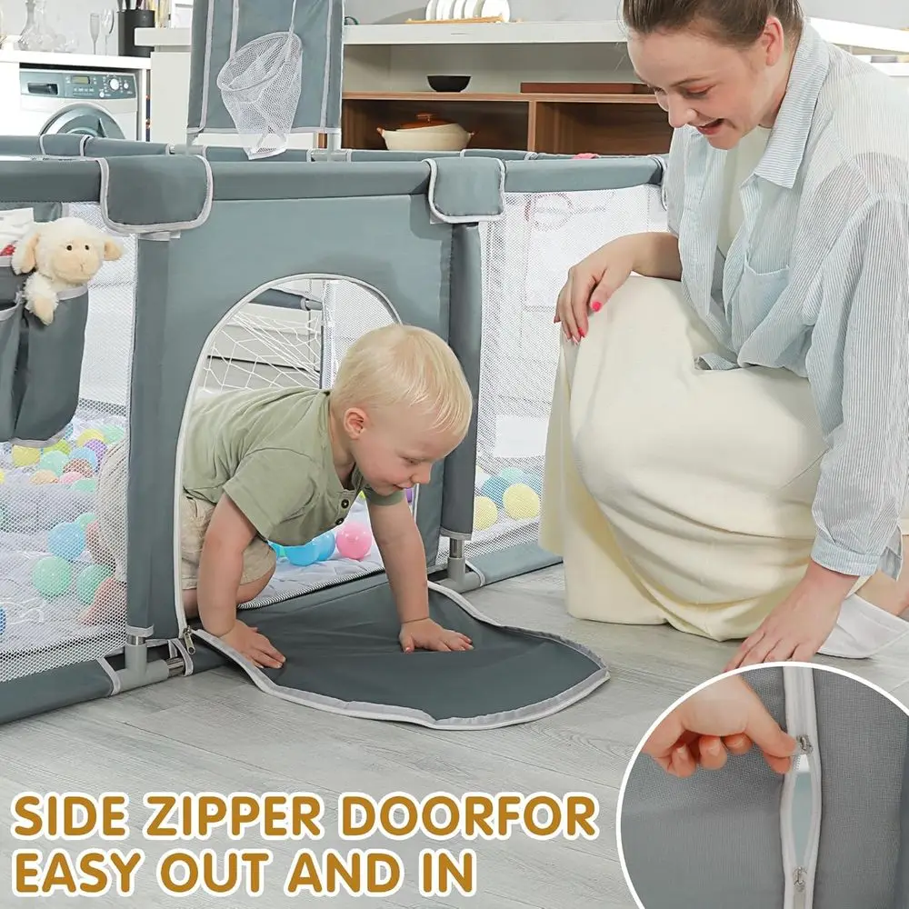 通気性のある79x71のベビーサークル、赤ちゃんや幼児向け、屋内外で使用可能、マット、オーシャンボール、吊り下げポケット、バスケットボールフープ、フットボール付き