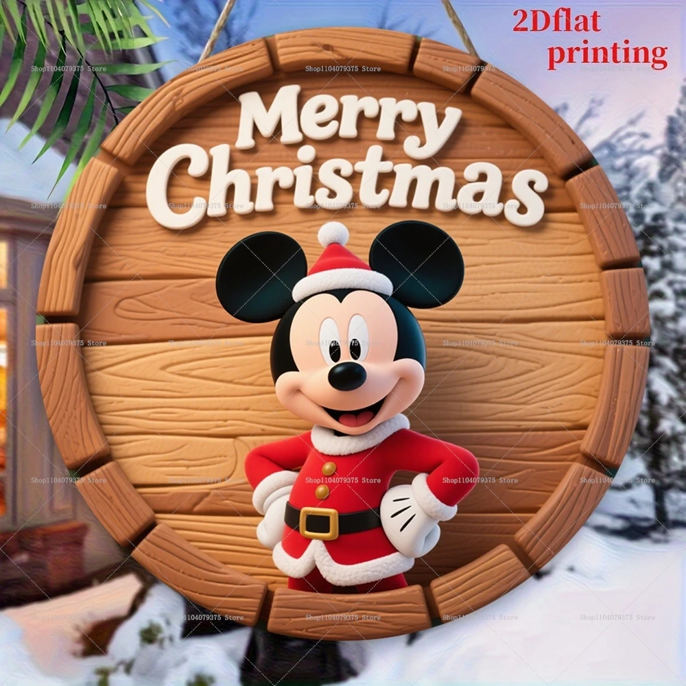 عيد ميلاد سعيد ديزني ميكي شعار شخصية مستديرة خشبية معلقة علامة الباب الأمامي جدار عطلة حزب الاحتفال الديكور