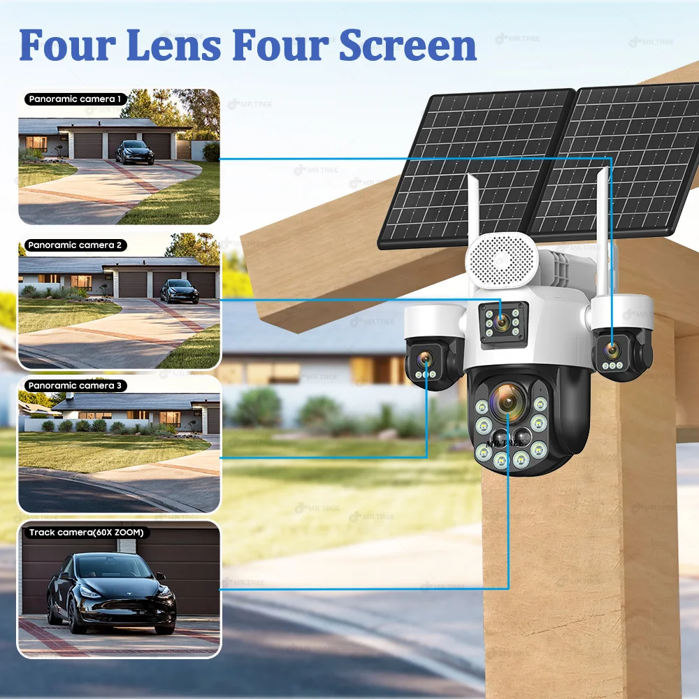 AOV Four Lens Outdoor Surveillance Solar Camera 20MP 4G SIM 60X Optical Zoom Home Security PTZ Auto Tracking Cameras 24/7 Record
