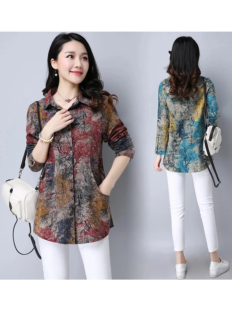 2024 New Spring Cotton Blends Women Blouse Casual Loose Long Sleeve Blouses Shirts Vintage Floral Print Female Blusas Tops