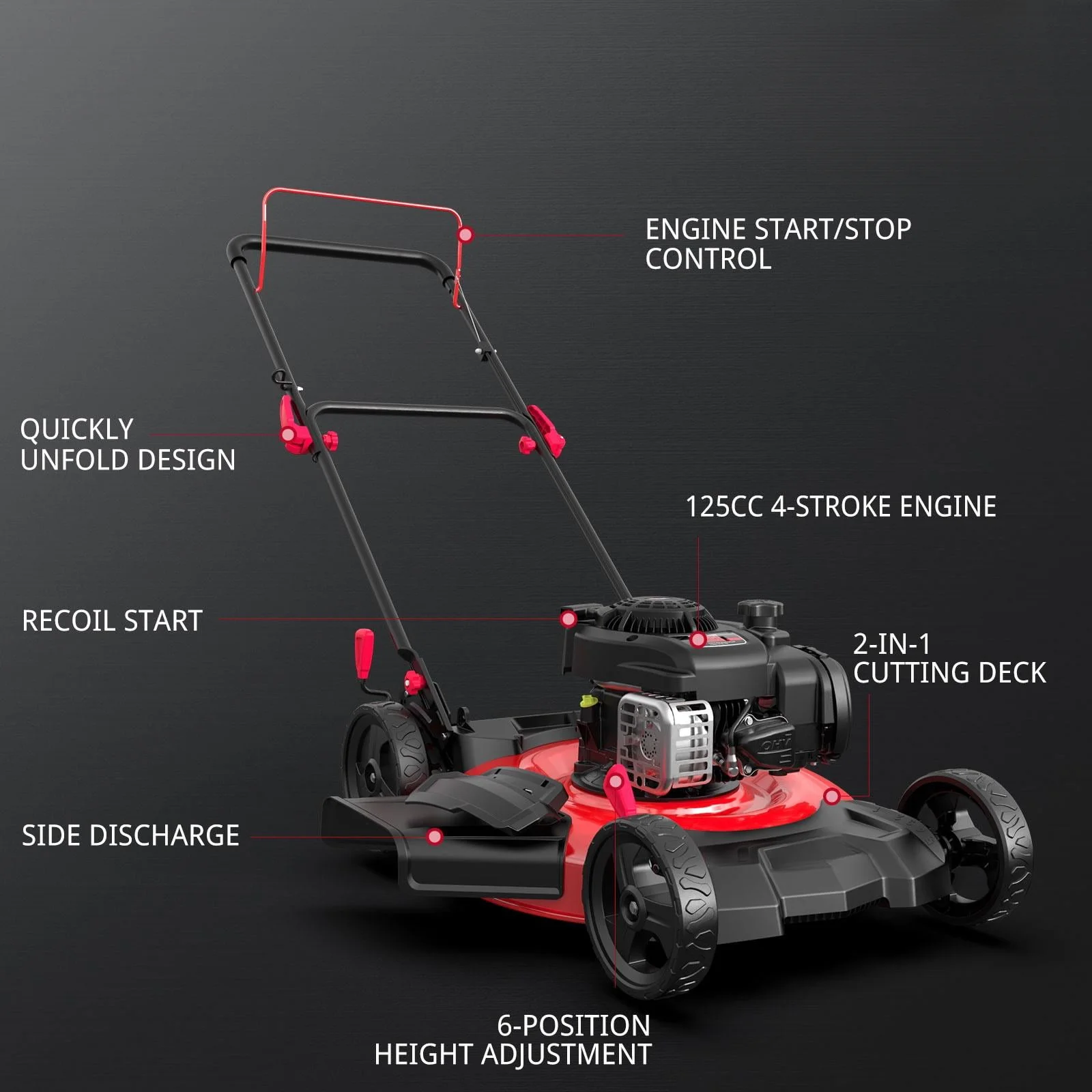 21 in125cc 2-in-1 Walk-Behind Gas Lawn Mower Mulching Push Lawn Mower Durable Cutting Deck Adjustable Cutting Height