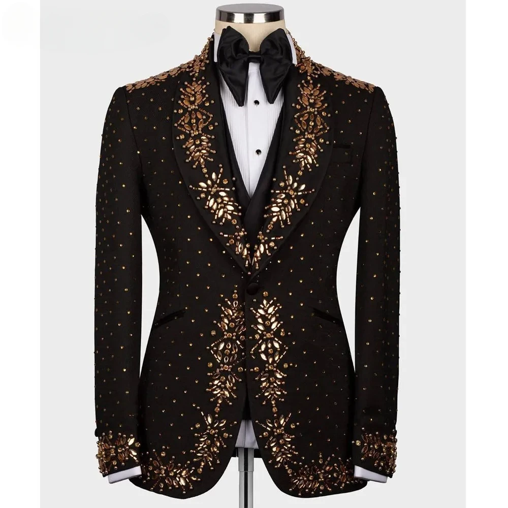 

Black Suit 2 Pieces Sets For Men Gold Beading Crystal One Button Slim Fit Wedding Banquet Grooms Outfits Classic Male