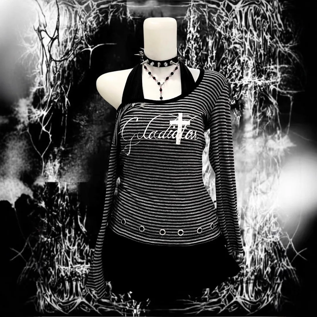 

Y2K Hot Girl Slant Neck Off Shoulder Long Sleeve Cross Print Hanging Neck Strap Women's Summer Dark Top