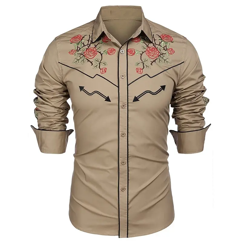 Men\'s Western Shirt Rose Print Lapel Outdoor Street Long Sleeve Printed Button Fashion Designer Western Style