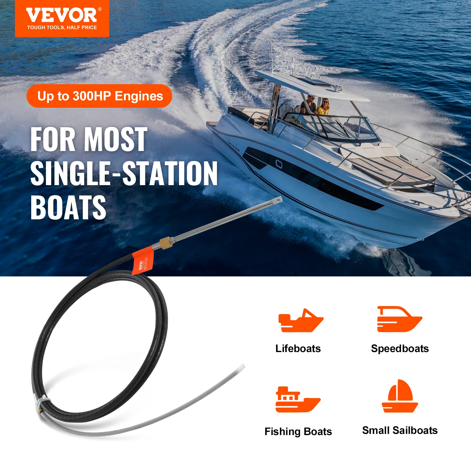 VEVOR Boat Steering Cable 17 Feet Outboard Marine Rotary Steering Cable 1/2 Ton High Tensile Strength Universal Compatibility