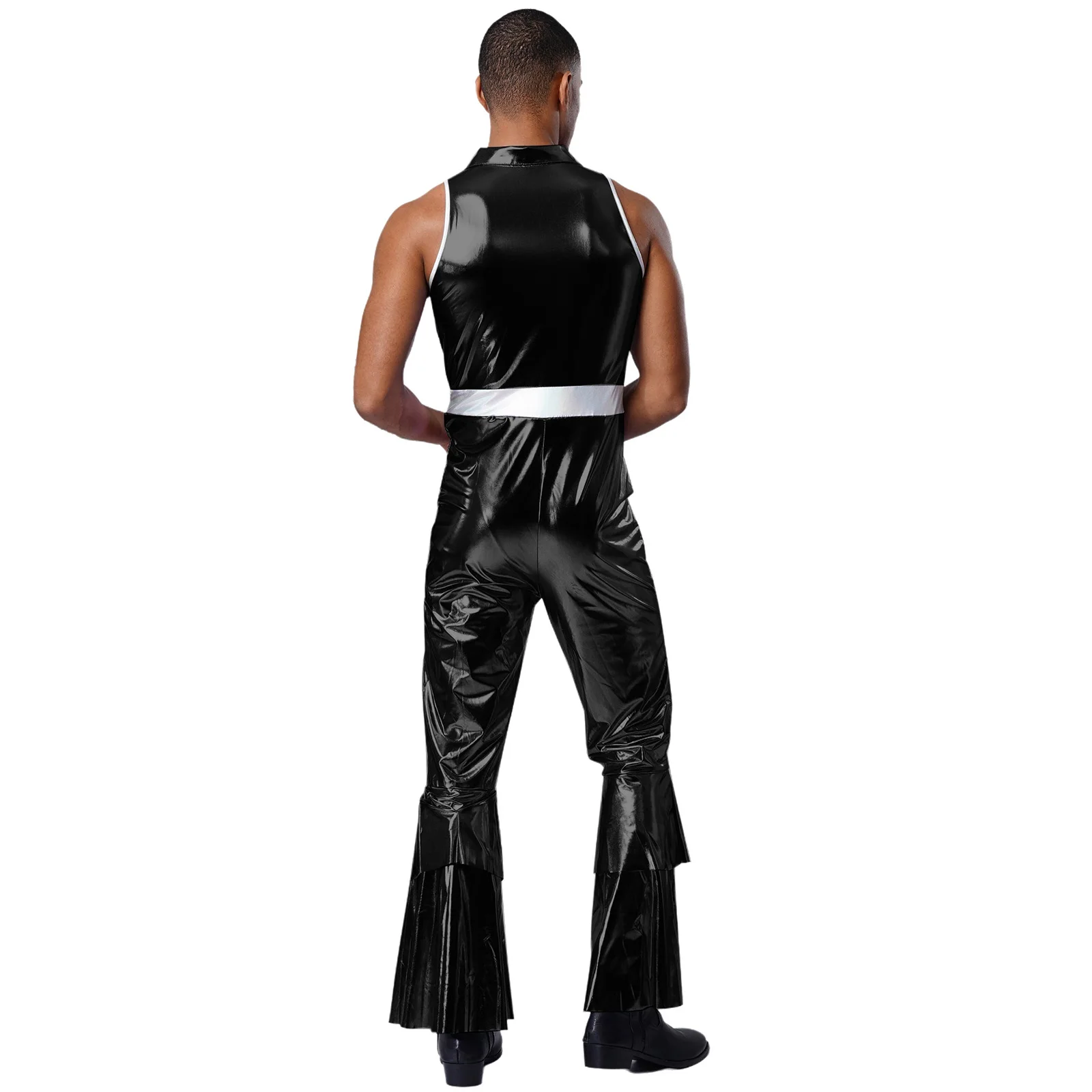 メンズファッション光沢のある黒のフレアロンパース、ディスコ、ジャズシンガー、ミュージカル、ヒッピーパーティー、クラブ、レイブ、ステージダンスパフォーマンス衣装用