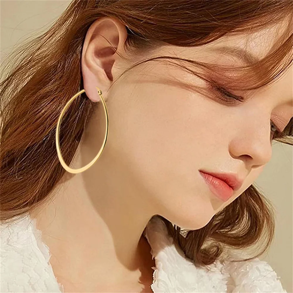 1 Pair Round Circle Flat Hoop Earrings Women Girls Gold Plated Exaggerated 60MM Big Wedding Hoops Ear Stainless Steel Jewelry