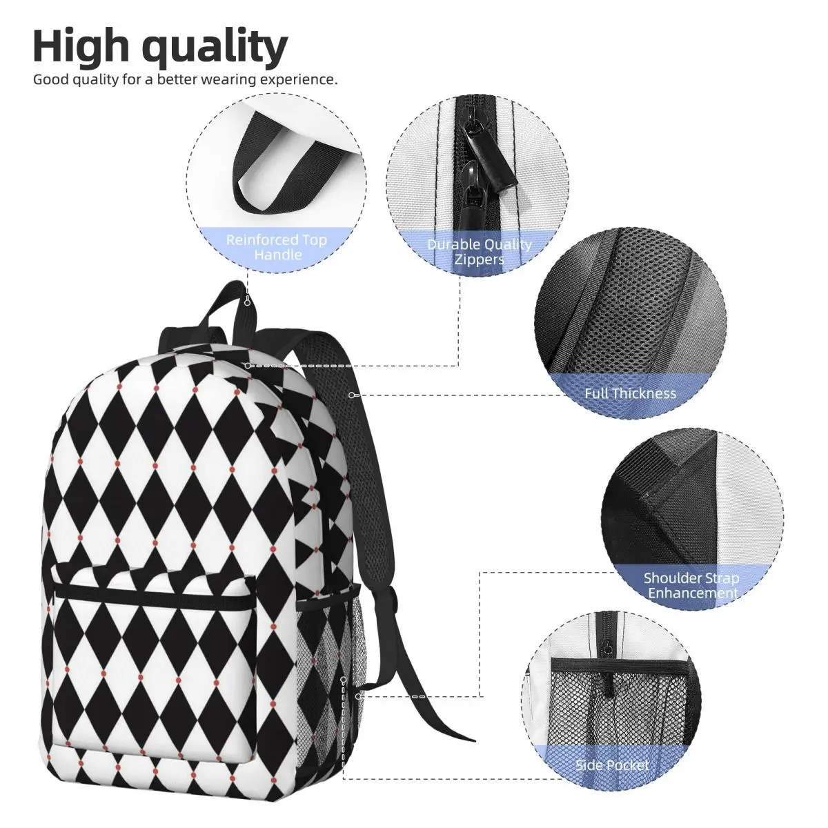 Harlequin Plaid Playing Cards Backpack Student BookBag Children School Bag Laptop Shoulder Bags for Men Women
