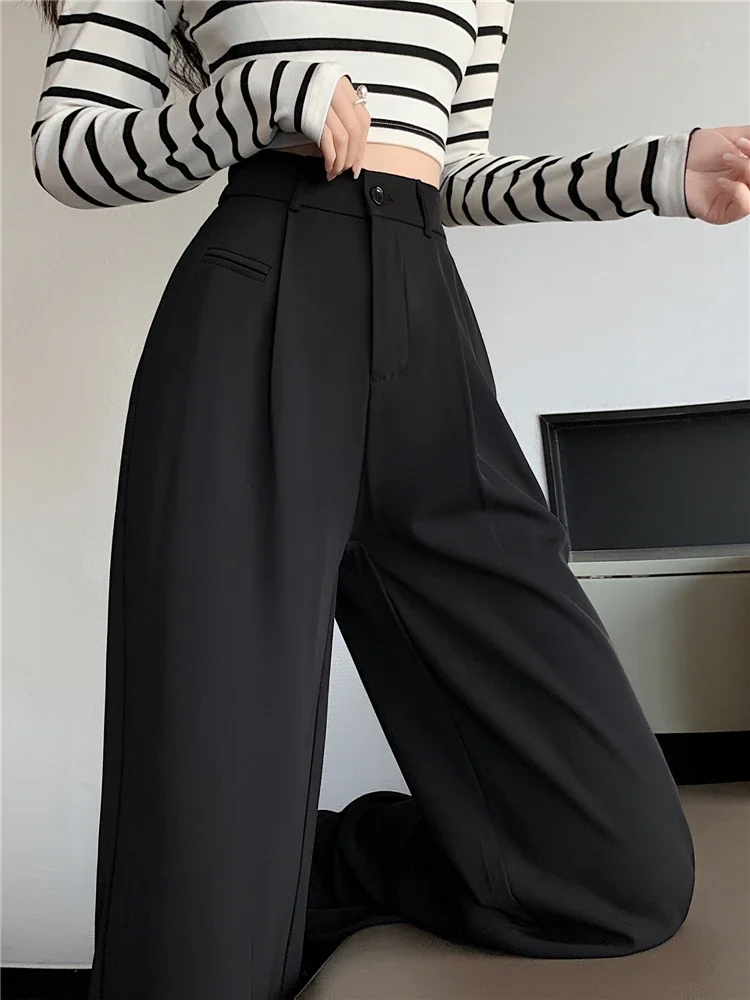 2024 New Spring Summer High Waist Suit Wide Leg Women's Pants Buttons Female Elegant Minimalism Straight Loose Trousers