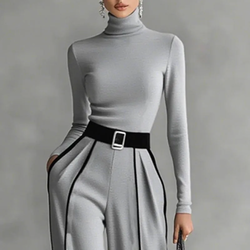 Winter Turtleneck Long Sleeve 2 Piece Sets Retro Solid Slim Top Pullover+Wide Leg Pant Suits Fall Contrast Color Straight Outfit