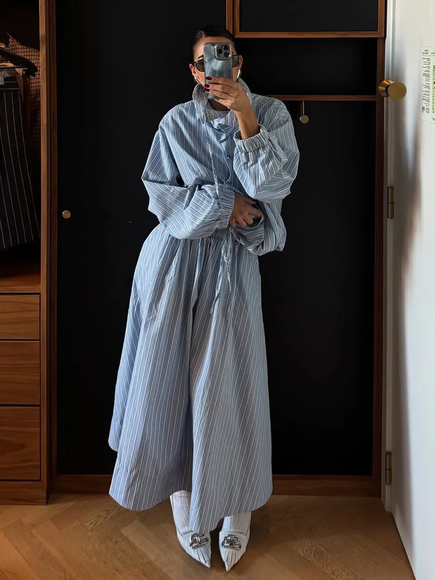 

Marthaqiqi Striped Ladies Sleepwear Suit Turn-Down Collar Pajamas Long Sleeve Robe Lace Up Nightwear Long Skirts Nightgowns Sets