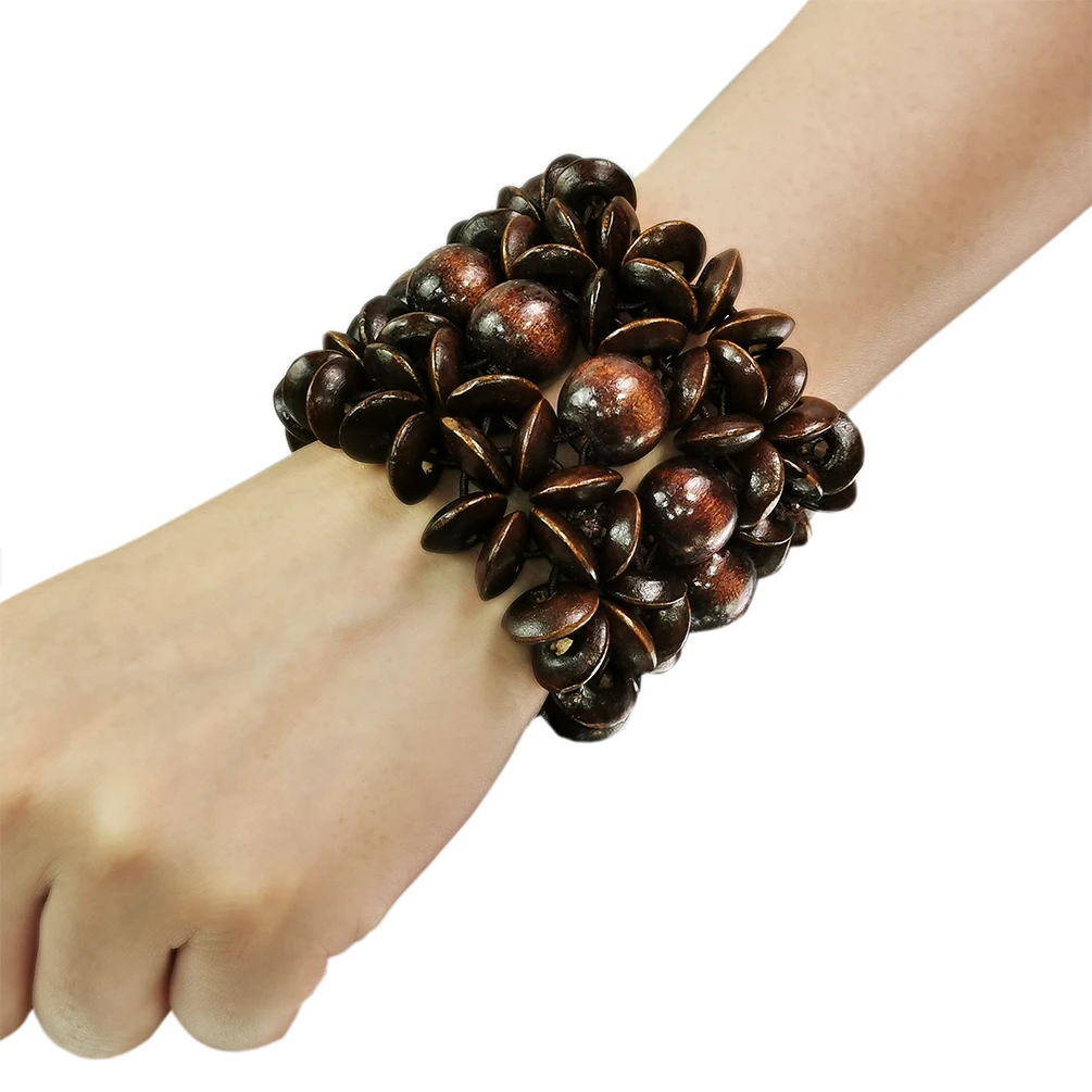 Bohemian Brown Wide Wood Beads Bracelets Cuff Bangle For Women Statement Wooden Bead Handmade Ethnic Jewelry Fashion Accessories