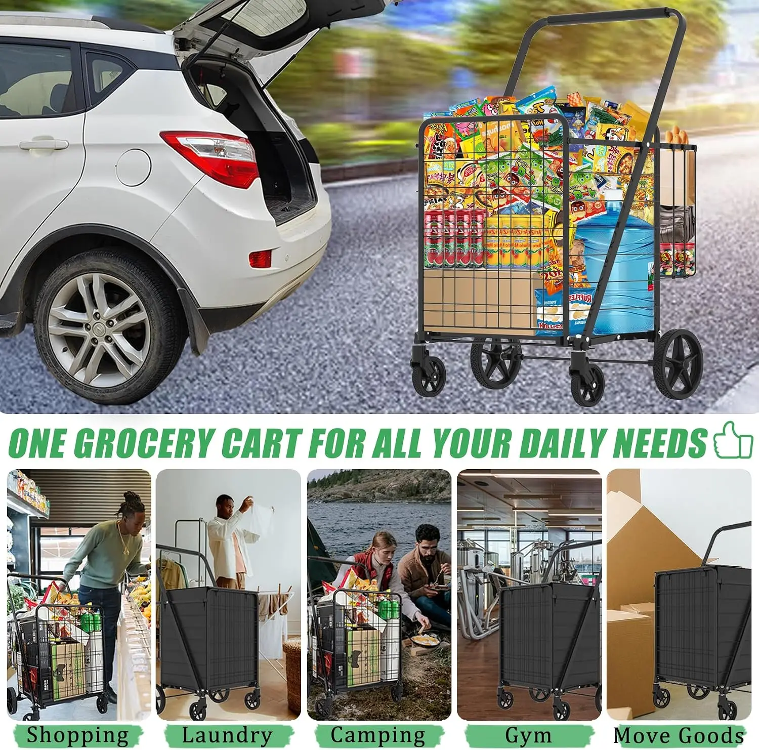 Heavy Duty Folding Shopping Cart With 360 Swivel Wheels Waterproof Grocery Utility Cart Jumbo Laundry Transport Trolley With Large Capacity Storage Bag Silver Black view 7