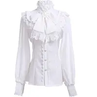 2026 Summer New Arrival Women's Vintage Ruffle Collar Shirt High Neck Lace Trim Button Down Shirt Elegant Gothic Blouse Tops - Image 2