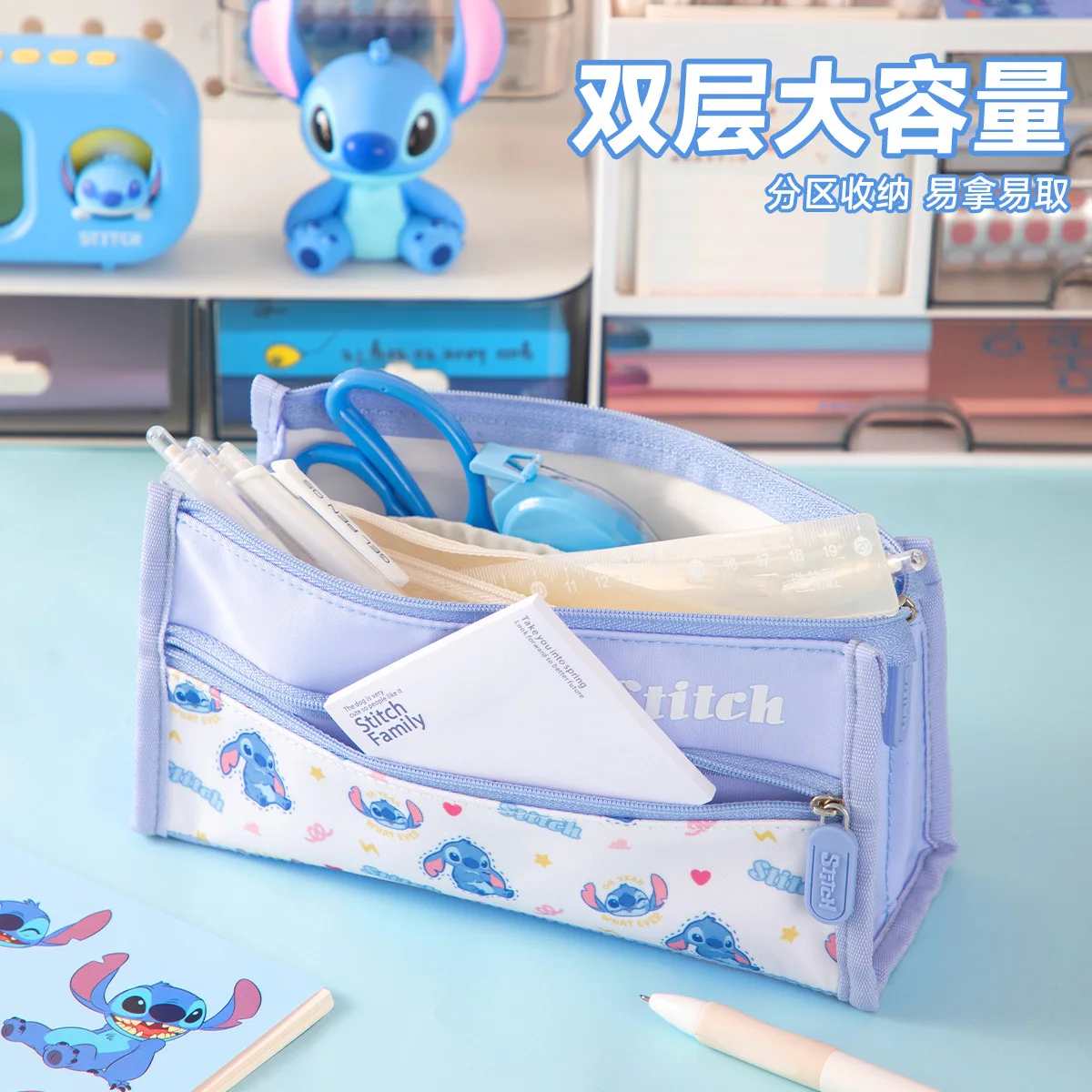 Disney Lilo and Stitch Large Capacity Double Layer Pencil Case Kawaii Mickey Series Pen Bag for Boys Girl Stationery Storage Bag