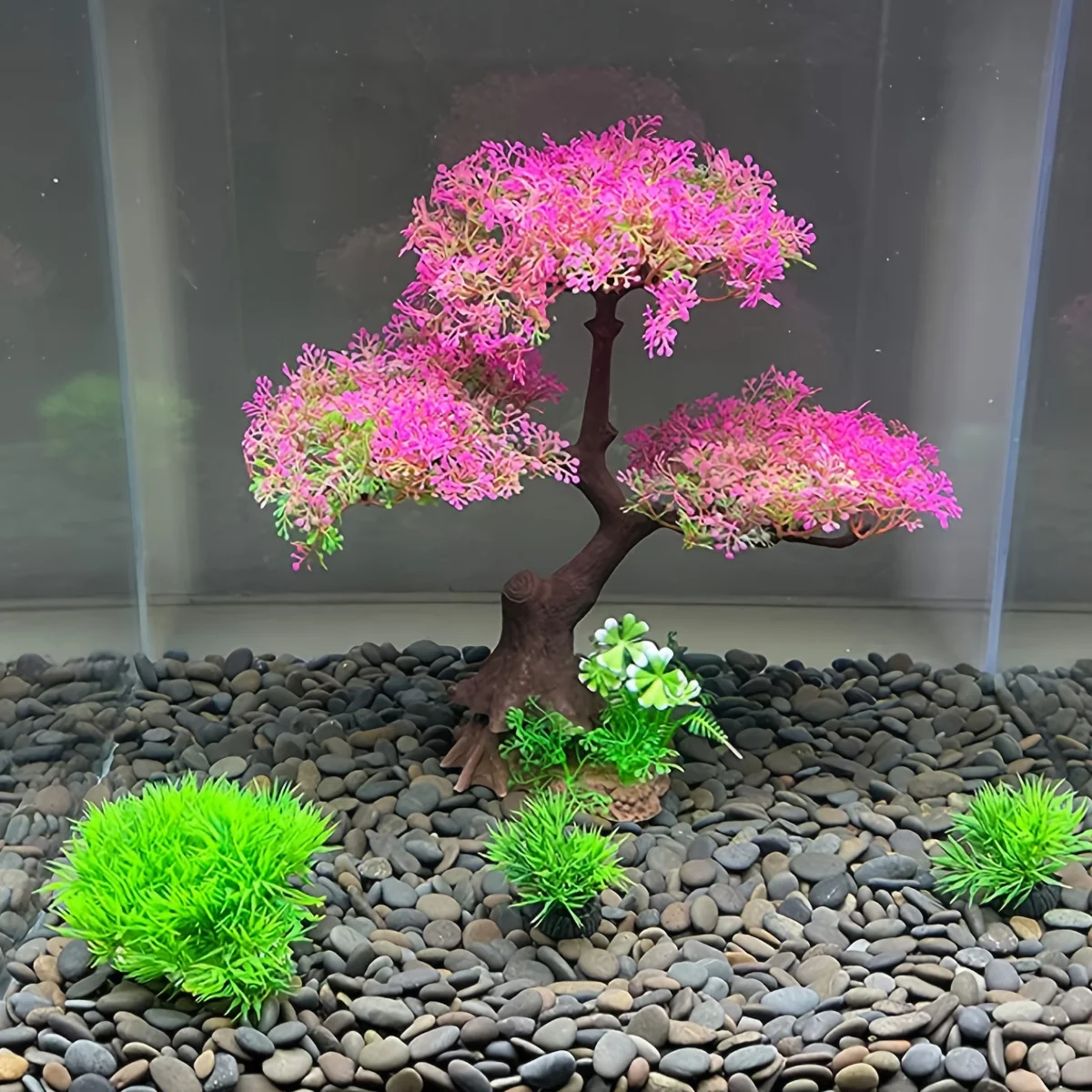 Aquarium Artificial Plastic Plants Decoration, Pink Cherry Blossom Tree & Grass Aquarium Decor Set, For Goldfish Betta Fish Tank