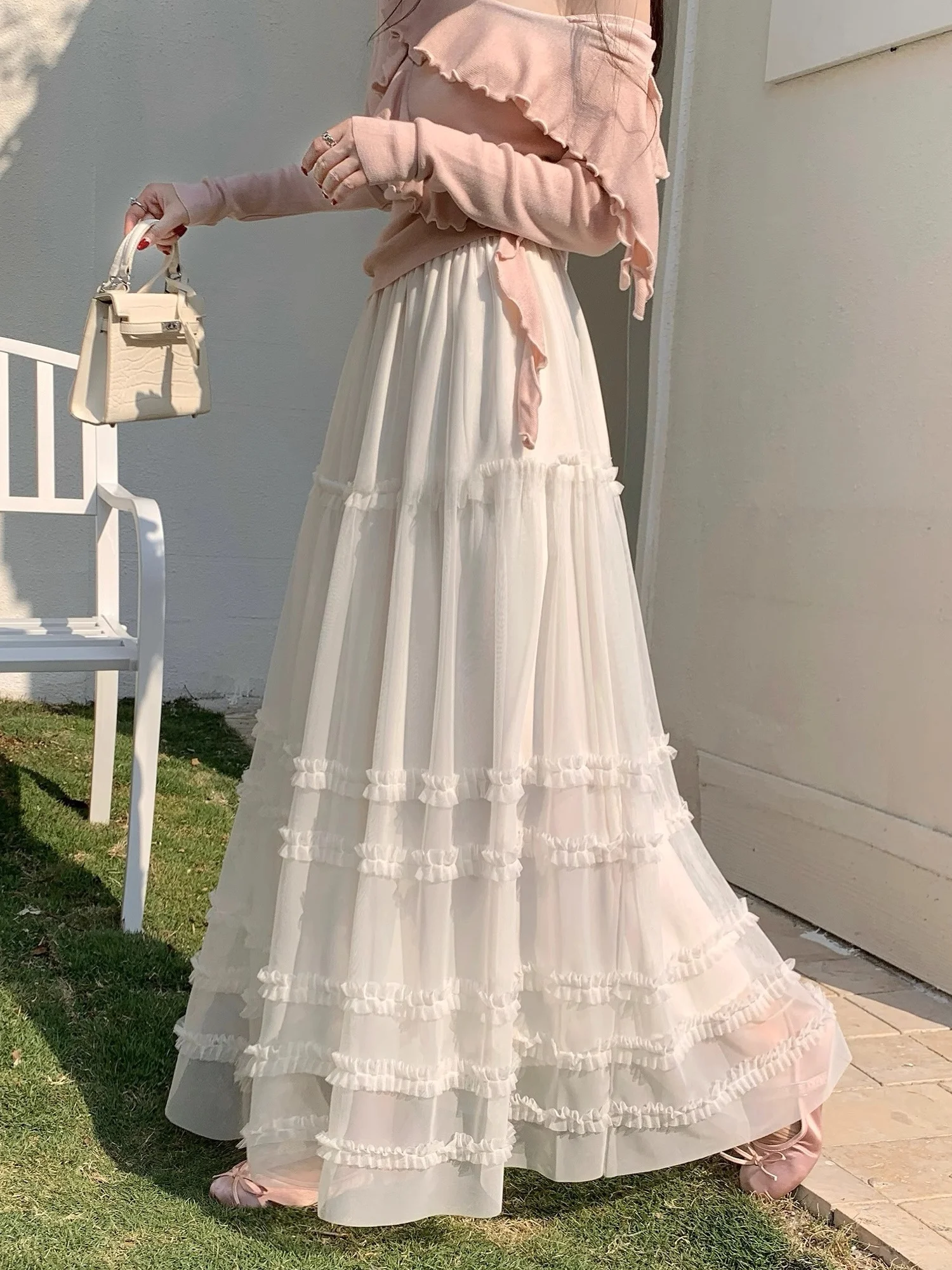 

Весенне-летняя женская юбка-миди с кружевом, высокой талией, А-силуэта, расклешенная, с вышивкой, из полиэстера