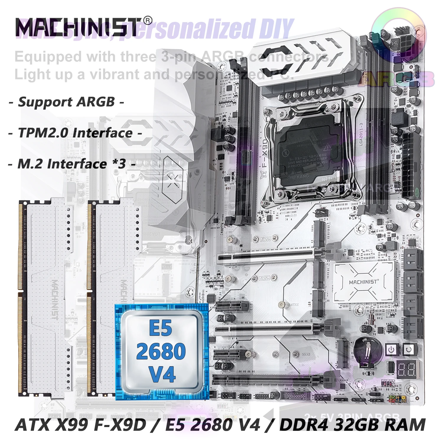 Carte mère MACHINIST F-X9D X99 compatible ARGB TPM2.0, processeur LGA2011-3 E5 2680 V4 en option, 32 Go de RAM DDR4, puce C612, quatre canaux