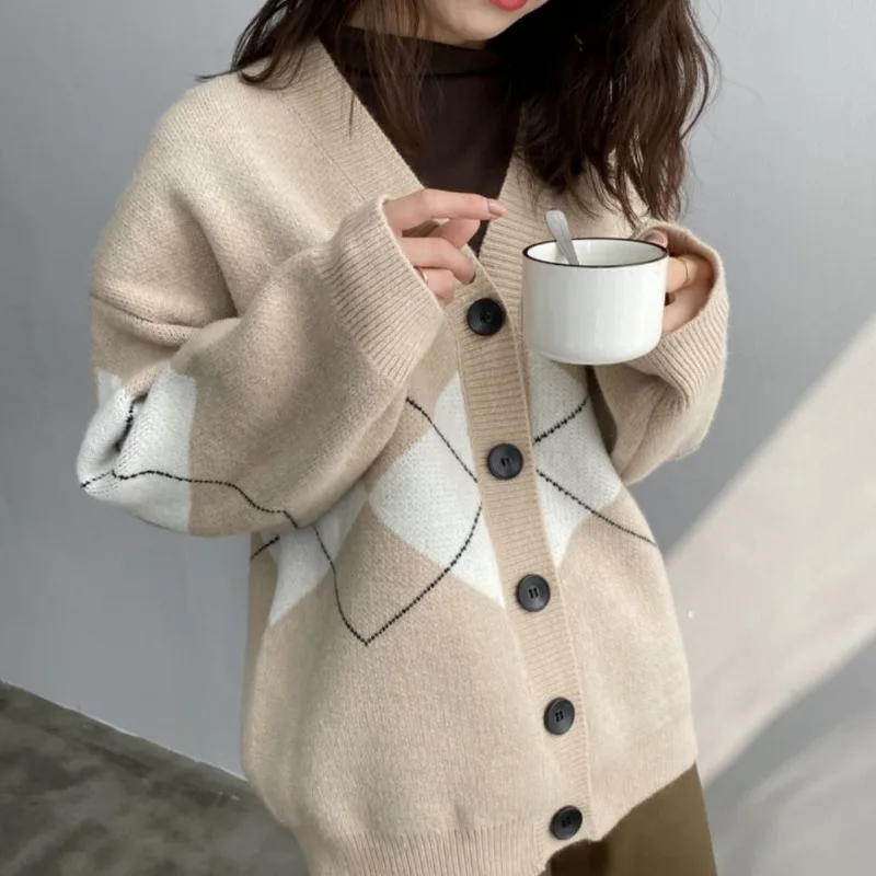 Preppy Cardigan Women Argyle Stylish Couple Soft Boyfriend Knitwear Fashion Teenagers High Quality Female Sweaters Classic Chic