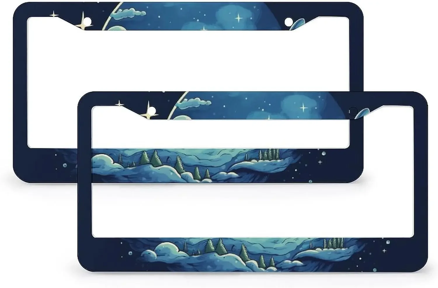 2 PCS Blue Whale Dream Cartoon Sleeping Moon License Plate Starry Sky Watercolor Animal Sea Theme Car Tags Frames 2 Hole for US