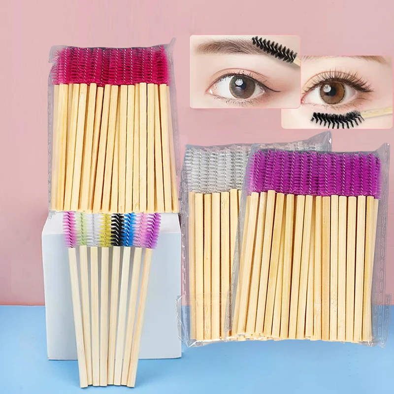 Brosse à cils avec manche en bambou, baguettes de mascara, applicateurs d'extension de cils, peigne à friser les cils, outils de maquillage, 50 pièces