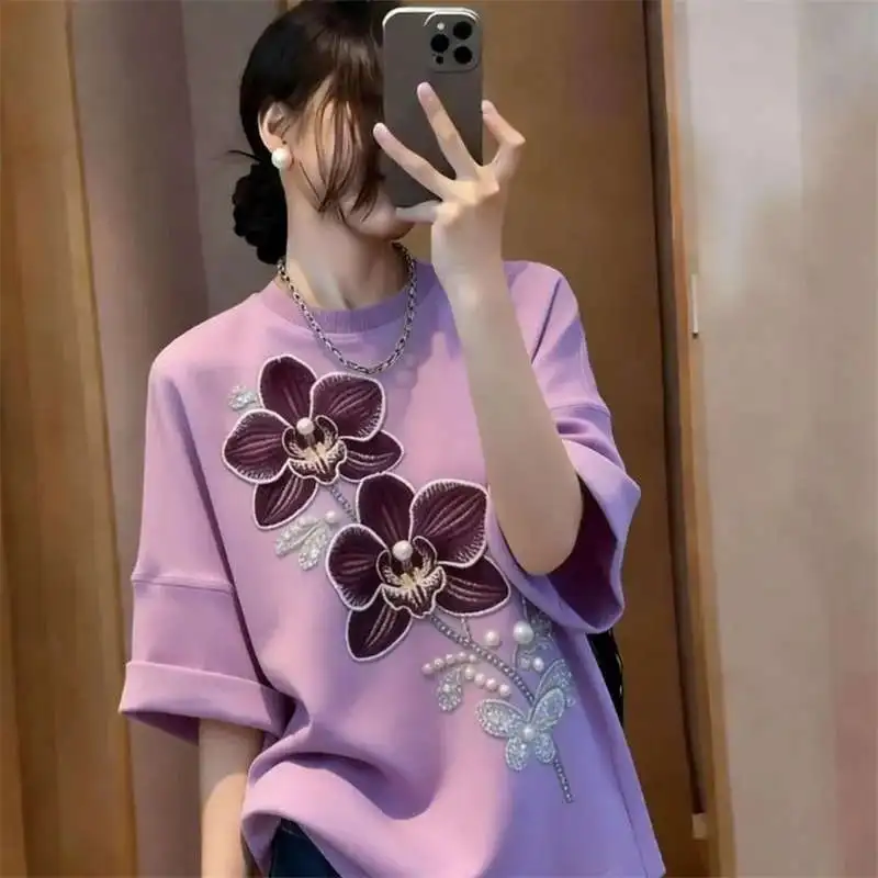 Summer Autumn 2026 Fashion Women T-shirts Top Heavy Industry Embroidery Beads Purple T-shirt Korean Women Receive High Praise