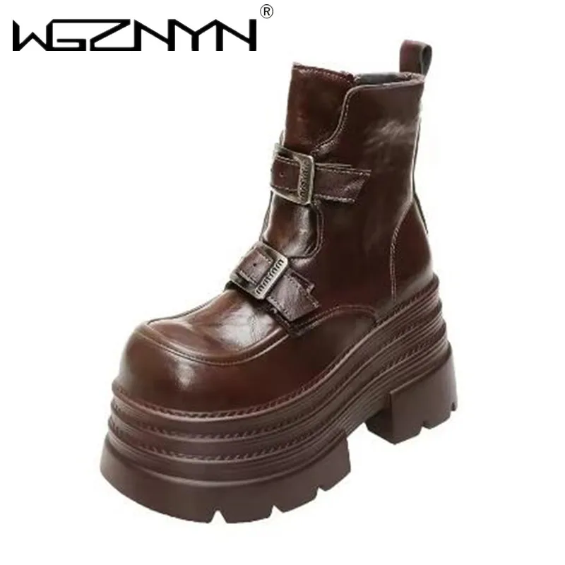 

2025 Women's Leather Ankle Boots Autumn Winter 10CM Heels Chunky Sneakers Short Boots Woman Zip Motorcycle High Platform Botas