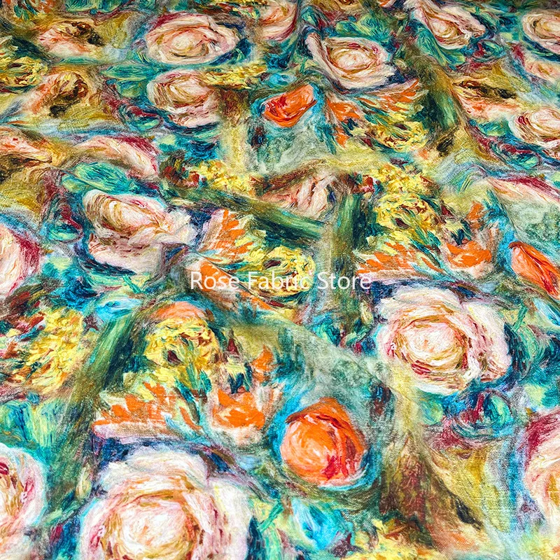 1 meter Oil Painting Style Rose Brocade Cotton Fabric Clothing Dress Handmade DIY Cloth Sewing Material