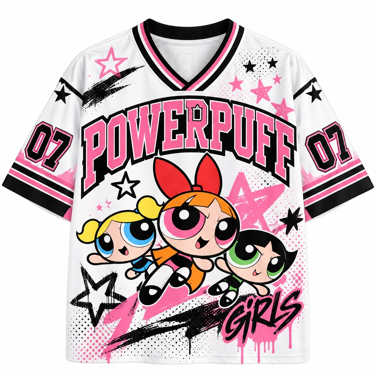 Powerpuff Girls Grafik-Trikot-Shirt für Erwachsene, Unisex, V-Ausschnitt, Cartoon-Streetwear, Y2K, Kawaii, lässiges Sport-Top – Detail 5