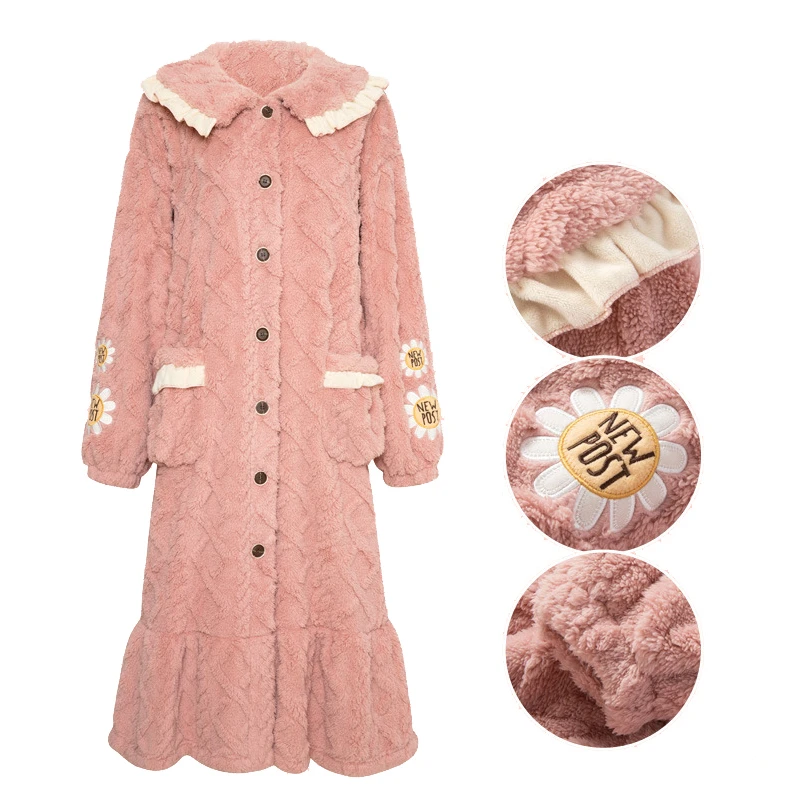 Sweet Girls Robe Winter New Coral Fleece Sleepwear Flannel Bathrobe Gown Long Thicke Warm Nightdress Student Loungewear