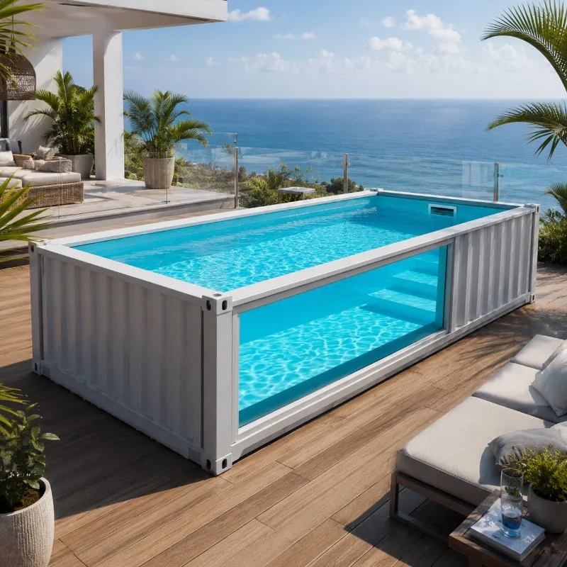 Prefab Steel Container Pool Deck Stair Layout Customized Pool Shape with Long Window Backyard Outdoor Landscape