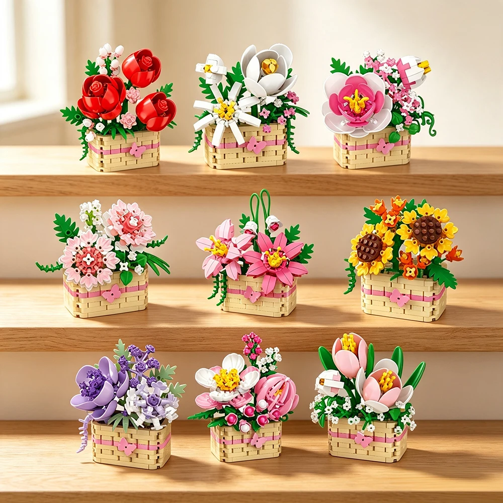 Multiple Styles Flower Basket Building Blocks Set DIY Artificial Floral Woven Basket Home Desktop Decor Ornament Gift for Girls