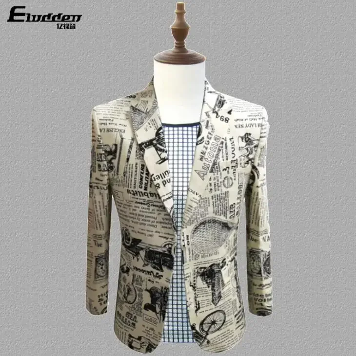 Personality newspaper printing clothes men suits designs masculino homme terno stage costumes singers jacket men blazer dance