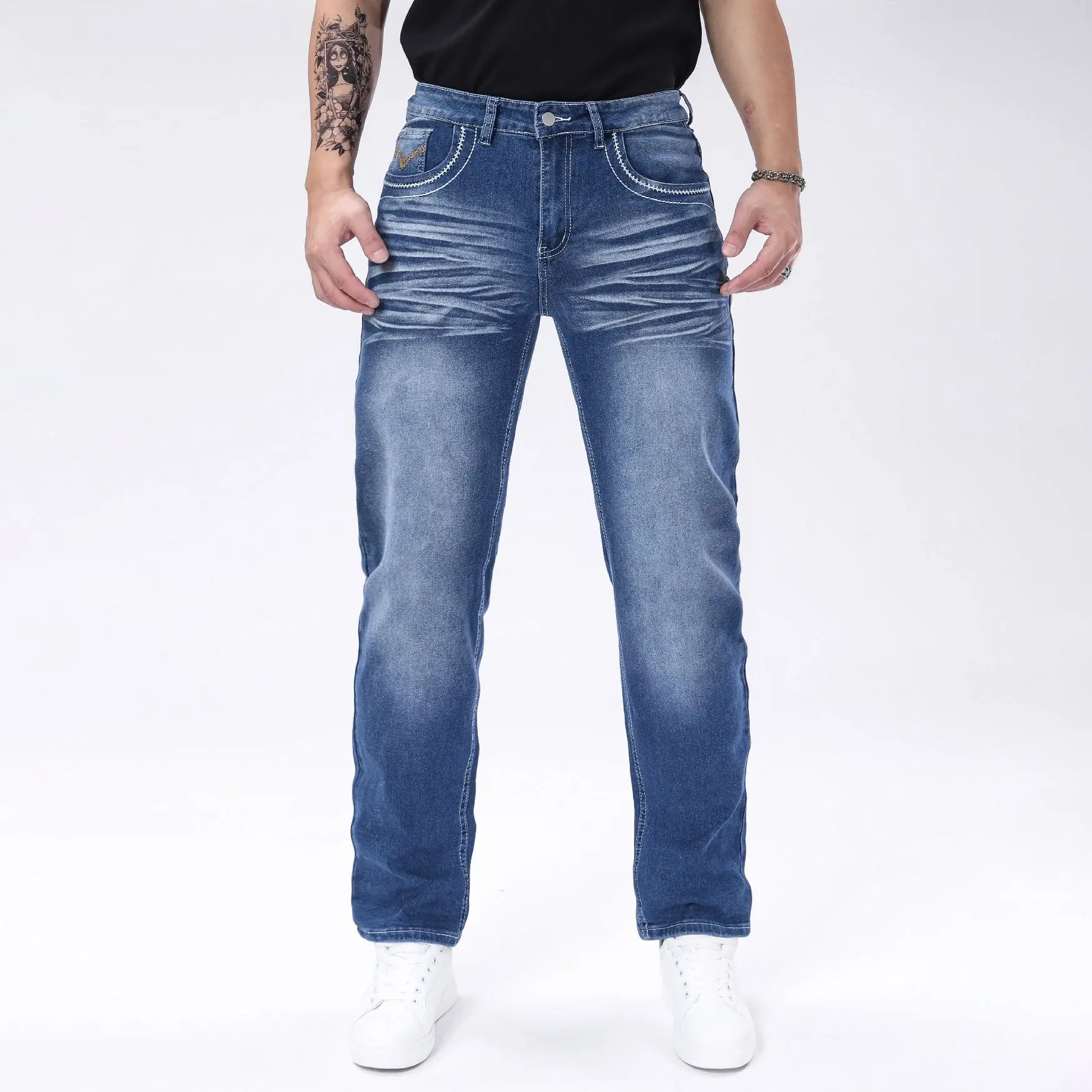 

New Four Seasons Men's Jeans Elastic Denim Embroidered Slimming Blue Jeans