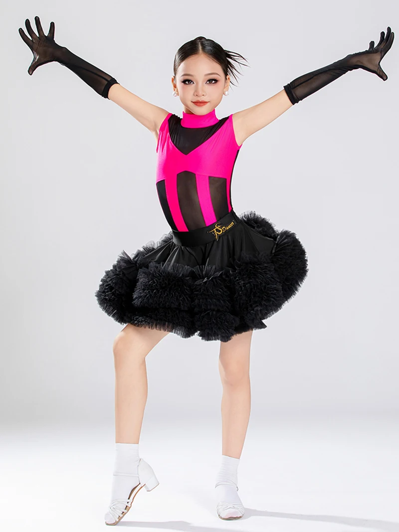 Body en maille contrastée pour enfants filles, grande jupe pivotante en dentelle, uniforme de classe, Costumes de spectacle