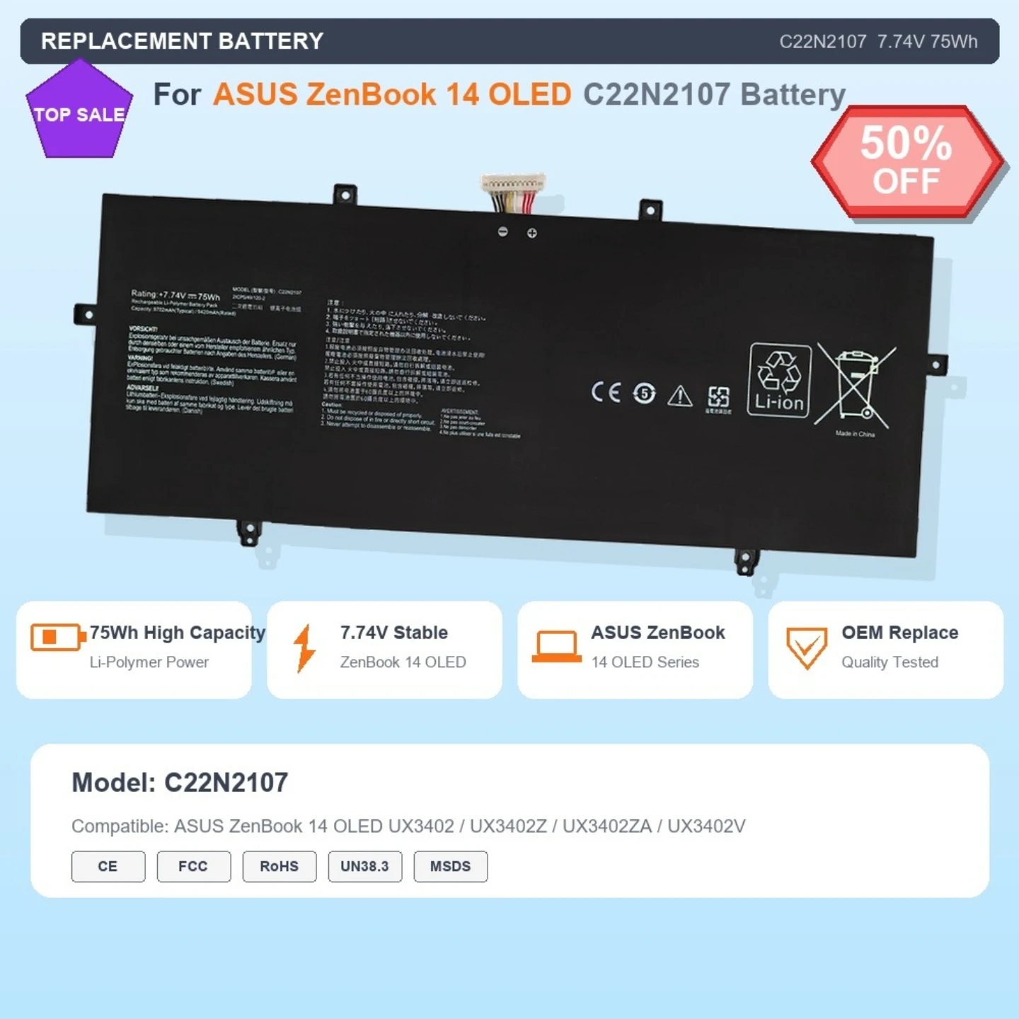 C22N2107 7.74V 75Wh Li-Polymer Replacement Laptop Battery for ASUS ZenBook 14 OLED UX3402/UX3402Z/UX3402ZA/UX3402V Notebook