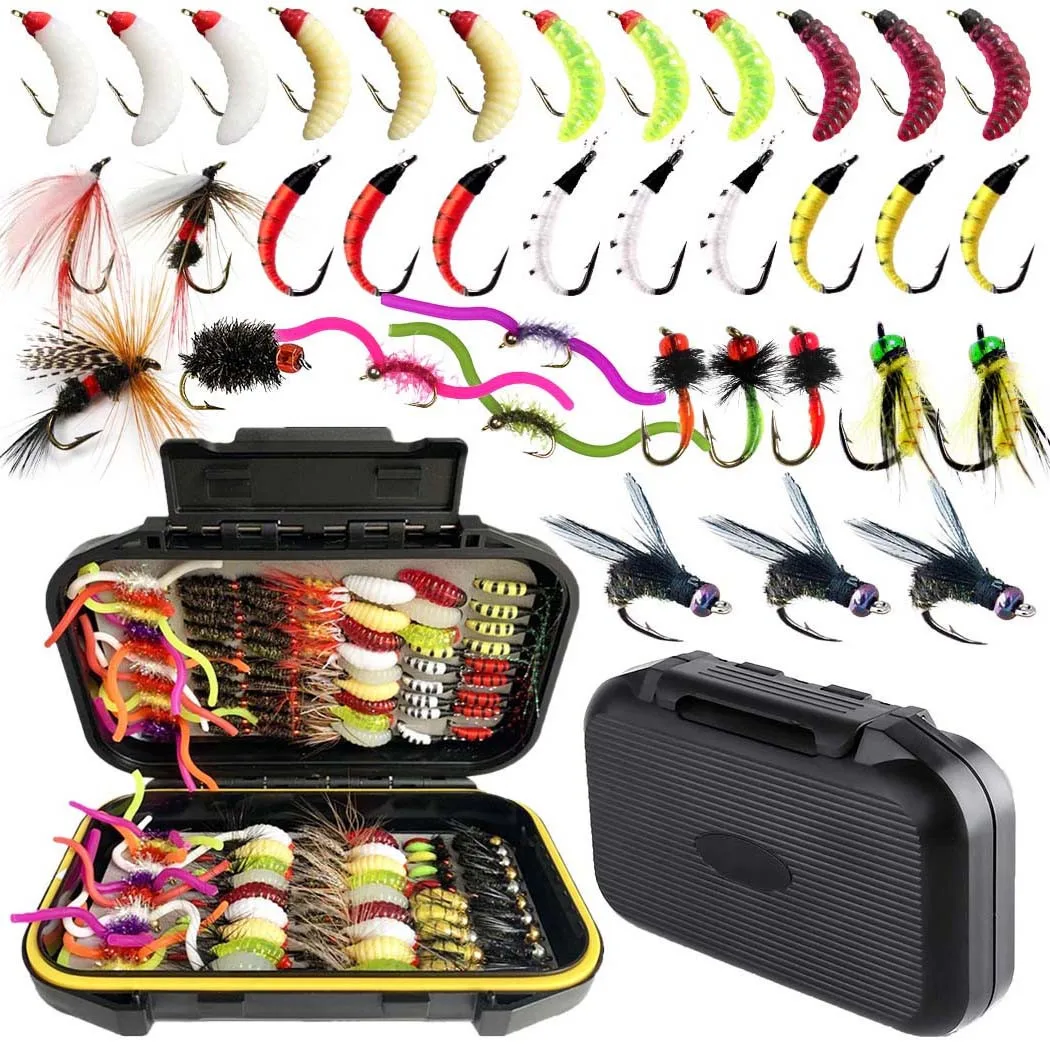 24-102Pcs Fly Fishing Flies Barbed Hooks Include Dry Wet Flies Nymphs for Trout Salmon Steelhead Grayling Fishing with Fly Box