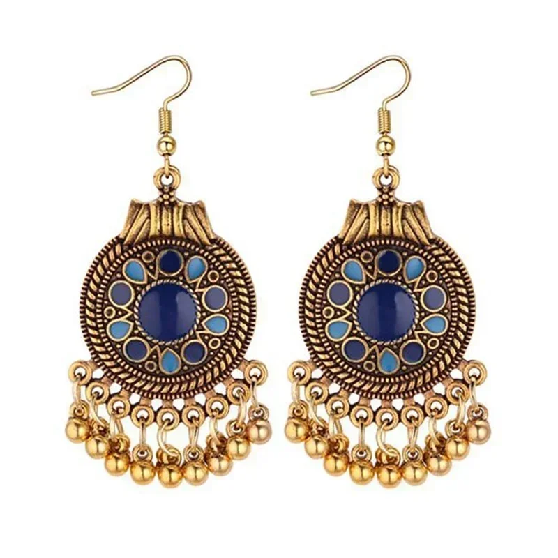 Delysia King Women Retro National Style Round Metal Ball Fringe Earrings Personality Geometric Tassels Dangle Earring