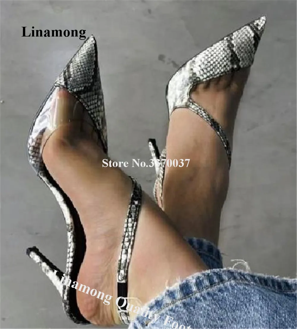 Linamong Grey Snakeskin Patchwork PVC Stiletto Heel Pumps Sexy Pointed Toe Ankle Straps Thin Heel Dress Shoes Party Heels