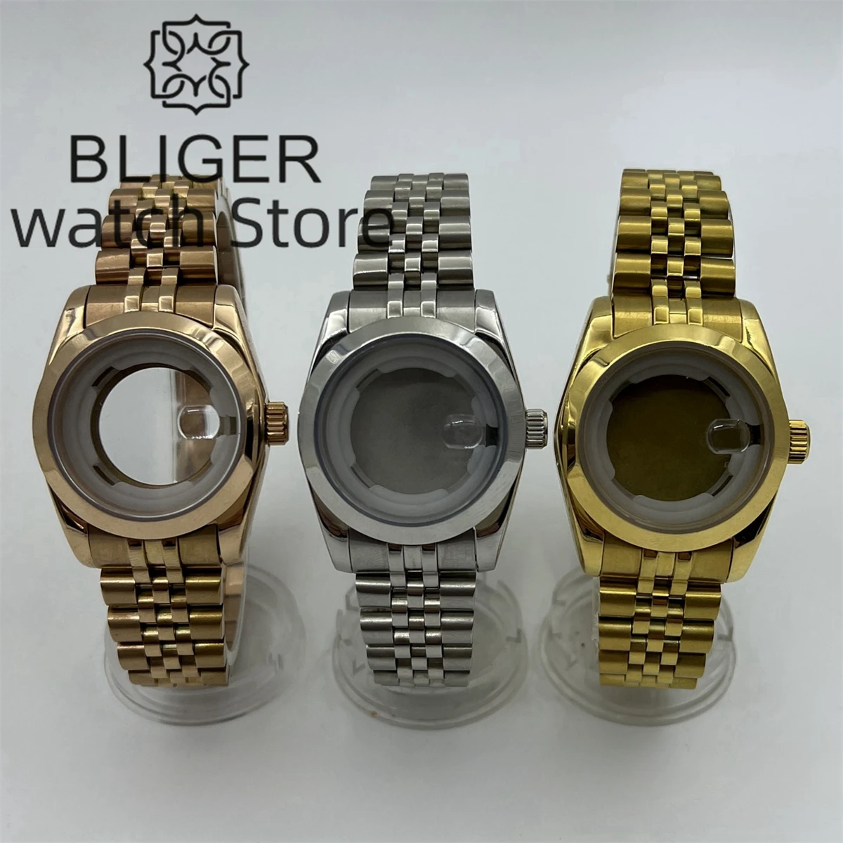BLIGER 31mm Rose Gold/Gold Coated Women's Stainless Steel Case Strap Sapphire Glass Fits NH05 NH06 Movement Watch Accessories