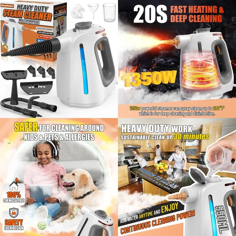 

Powerful Portable Steam Cleaner with Lockable Steam Function & 11 Accessories for Continuous Cleaning of Cars, Grout, and More