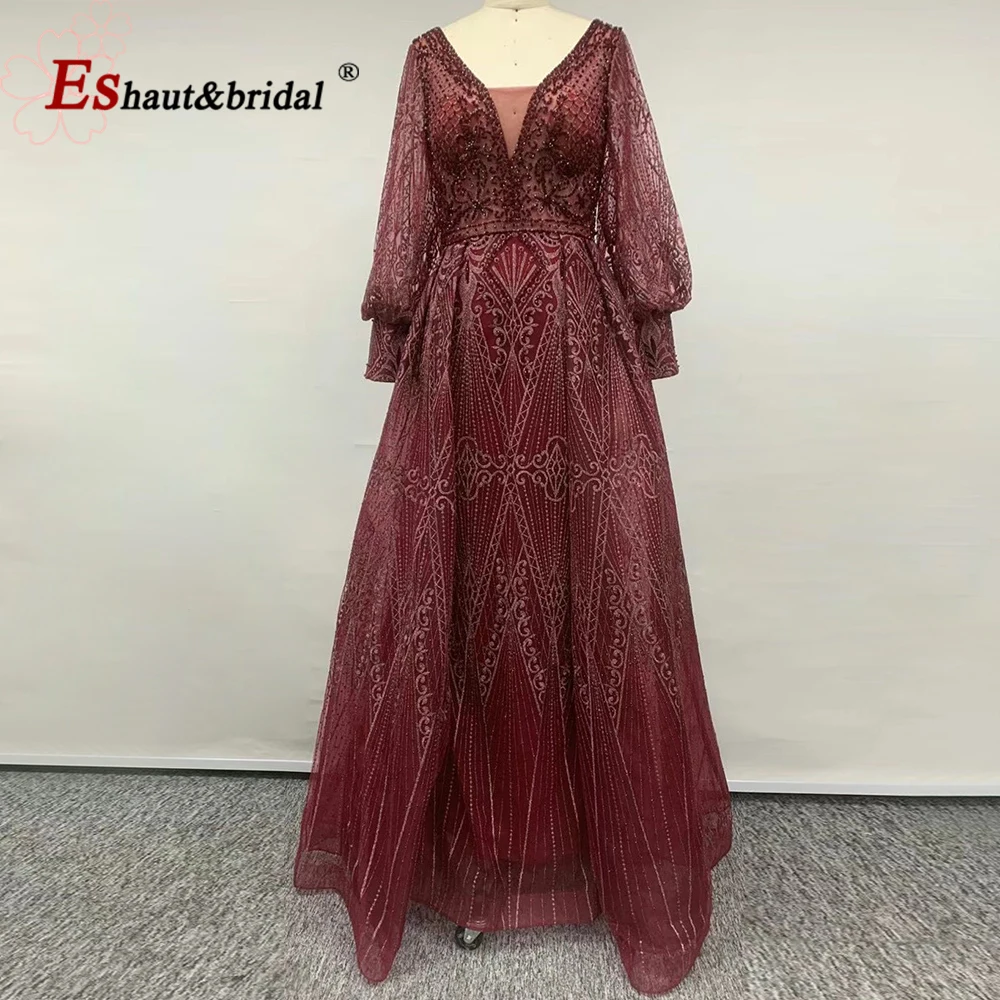 Vestidos de Noche elegantes de encaje de Dubái para mujer, vestido Formal de sirena de cristal con mangas largas y cuello en V, vestido de fiesta de boda personalizado 2024