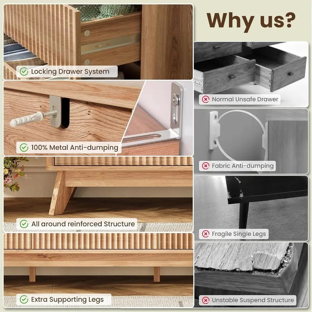 63 Wide 9 Drawer Dresser for Bedroom or Living Room, Rounded Handles, Natural Wood Finish