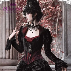 Women Gothic Black Velvet Short Jacket Vintage Spider Web Lace Turn-down Collar Puff Sleeve Victorian Coat Party Autumn