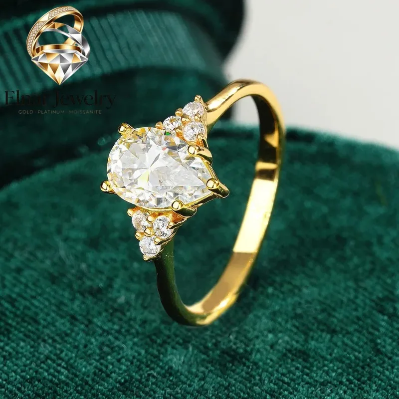 Elnar Jewelry Luxury 100% Real 18k Gold Ring Women's Drop Diamond Ring with Ring Ring Pear-Shaped Moissanite Ring