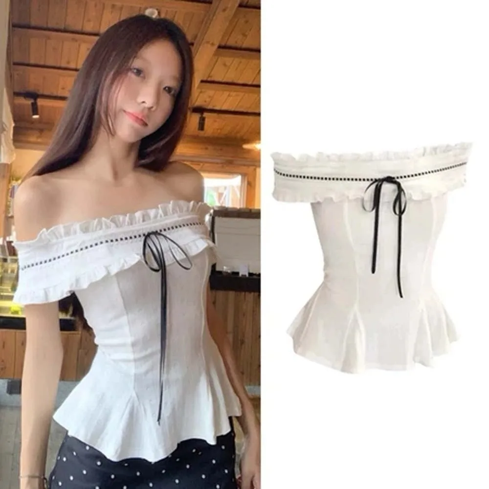 

White Off-shoulder Ruffle Shirt Korean Y2K Ins Pleated Collar Ruffle Shirt Tops Spicy Girl Style Slimming Slim Fit Crop Tops